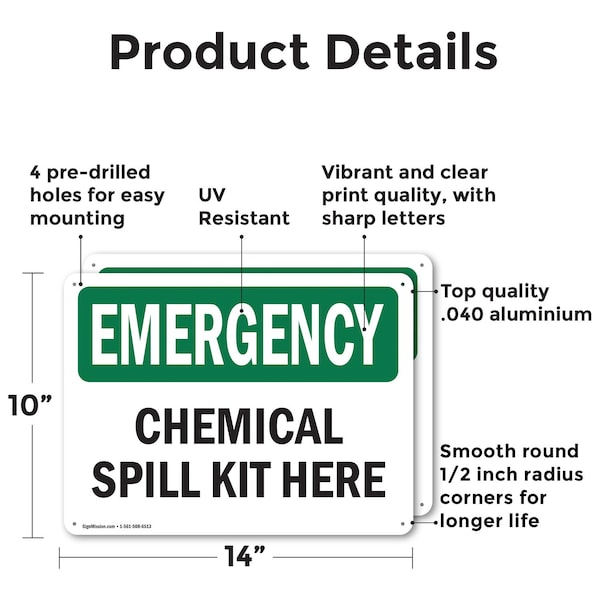 Chemical Spill Kit Here Emergency Sign, Aluminum, 14in W X 10in L, 2PK